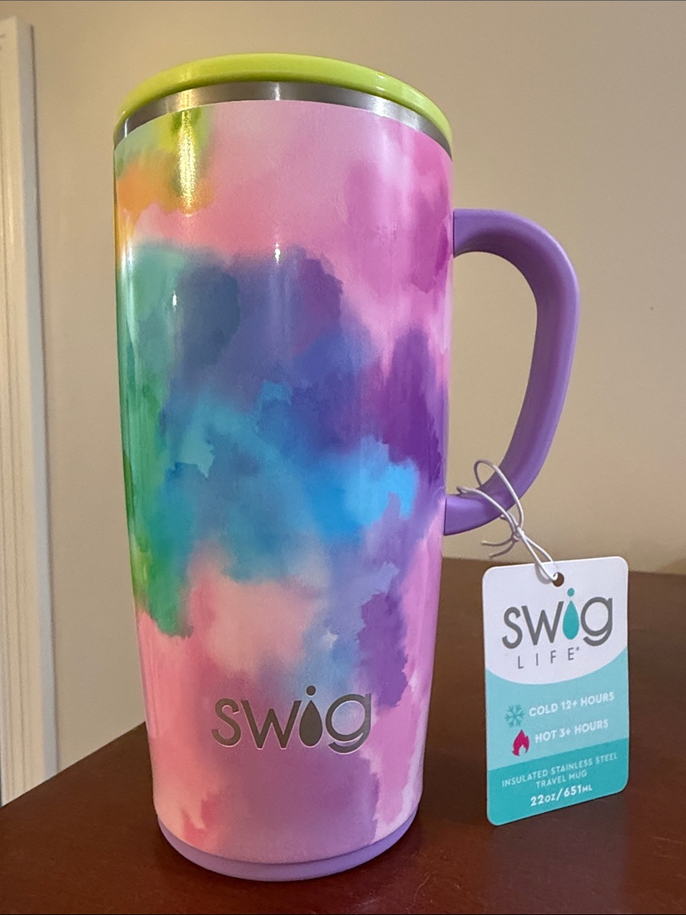 Swig Life Rainbow Watercolor Insulated Travel Mug - Purple Handle